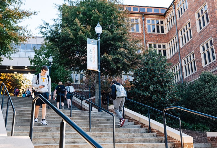 Students walking up the hill at UT