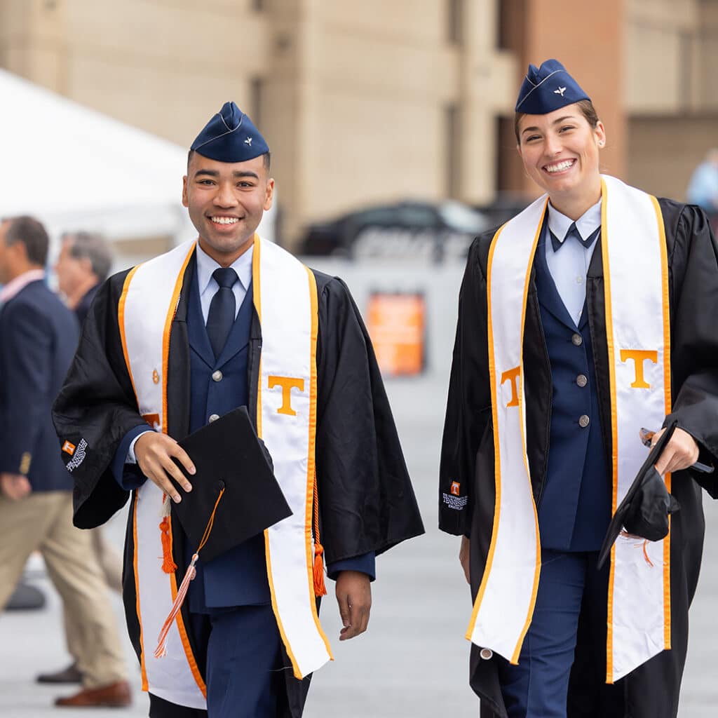 Air Force ROTC cadets in commencement regalia