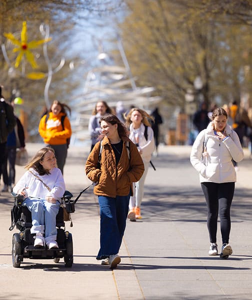 Students on Ped Walkway on the first day of Spring