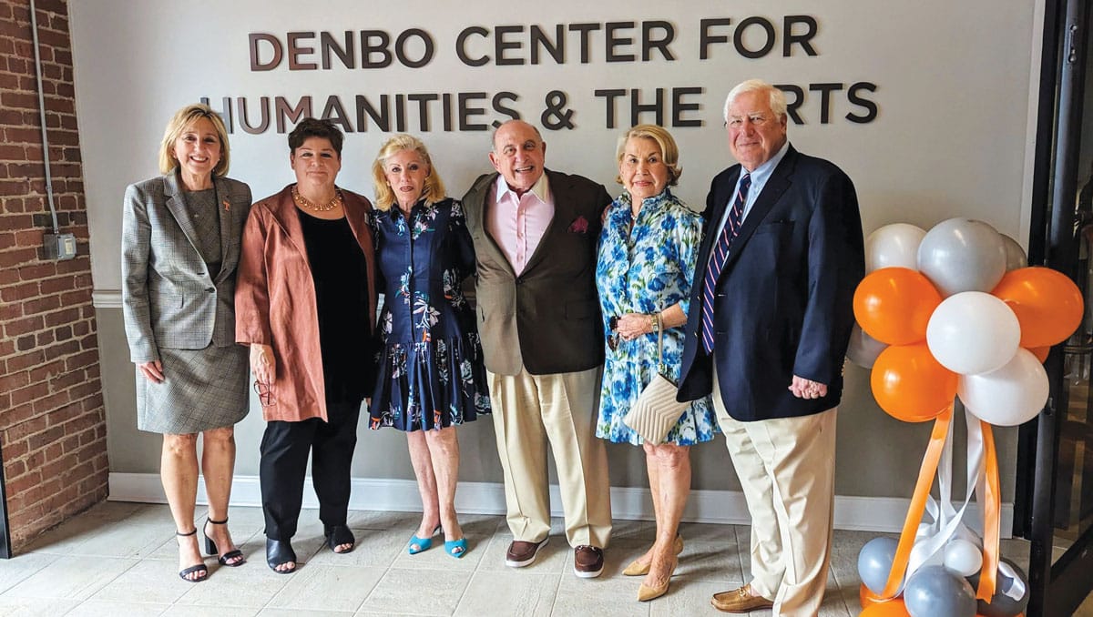 Chancellor Plowman and other university leaders with Don Denbo in front of a wall that says Denbo Center for Humanities and the Arts