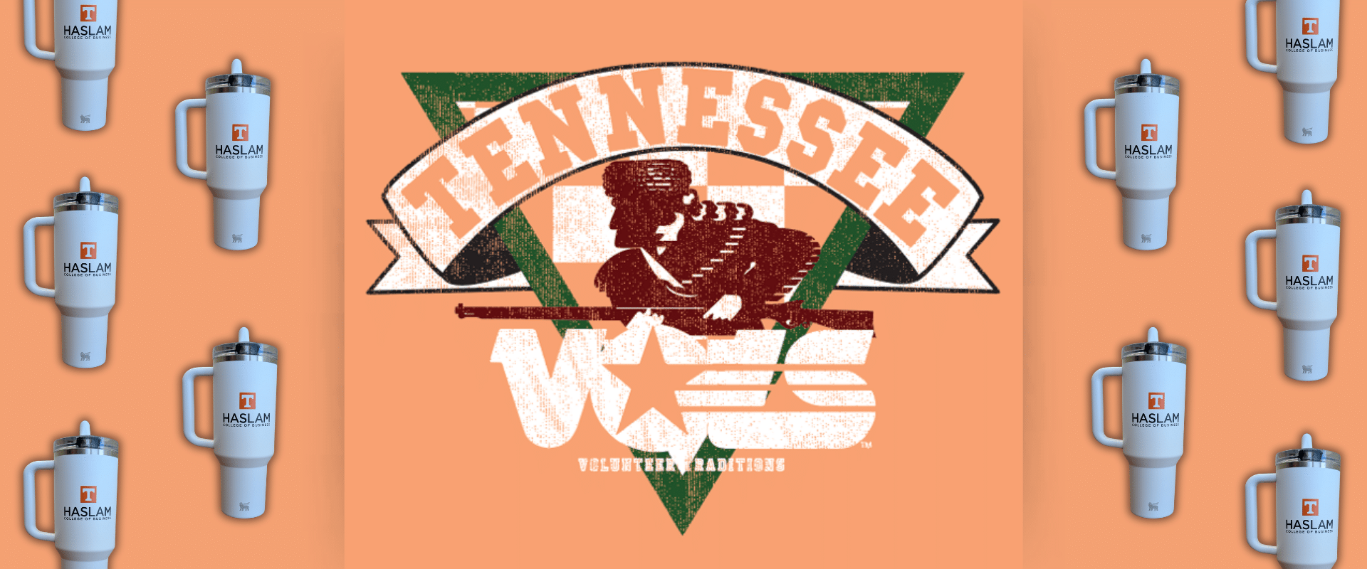 hero-hcb-fall-commerce-1920x800 Volunteer Traditions logo in the center of a graphic with Haslam College of Business Stanley tumblers on the left and right.