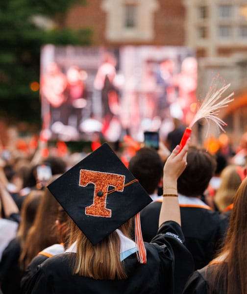 A Power T on a graduation cap during Torch Night.