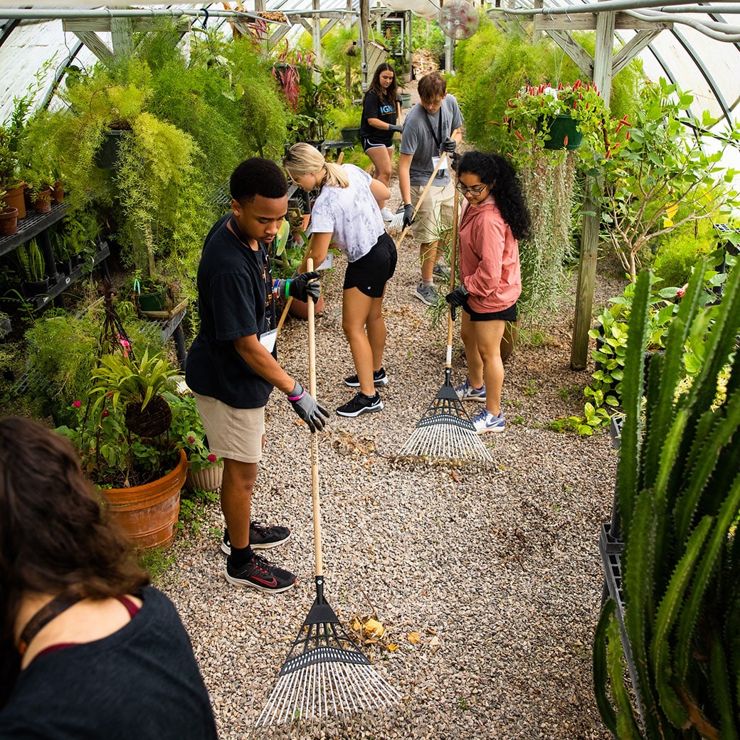 Kids in greenhouse gardening