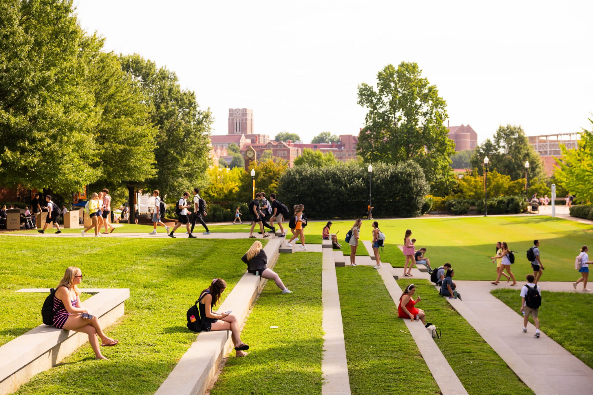 Students relax and socialize on a sunny day across a grassy campus with pathways and trees, with academic buildings visible in the background.