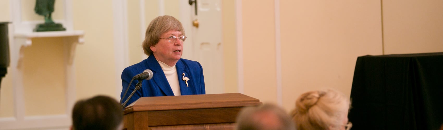 Elizabeth Bains speaks at her undergraduate alma mater Lebanon Valley College