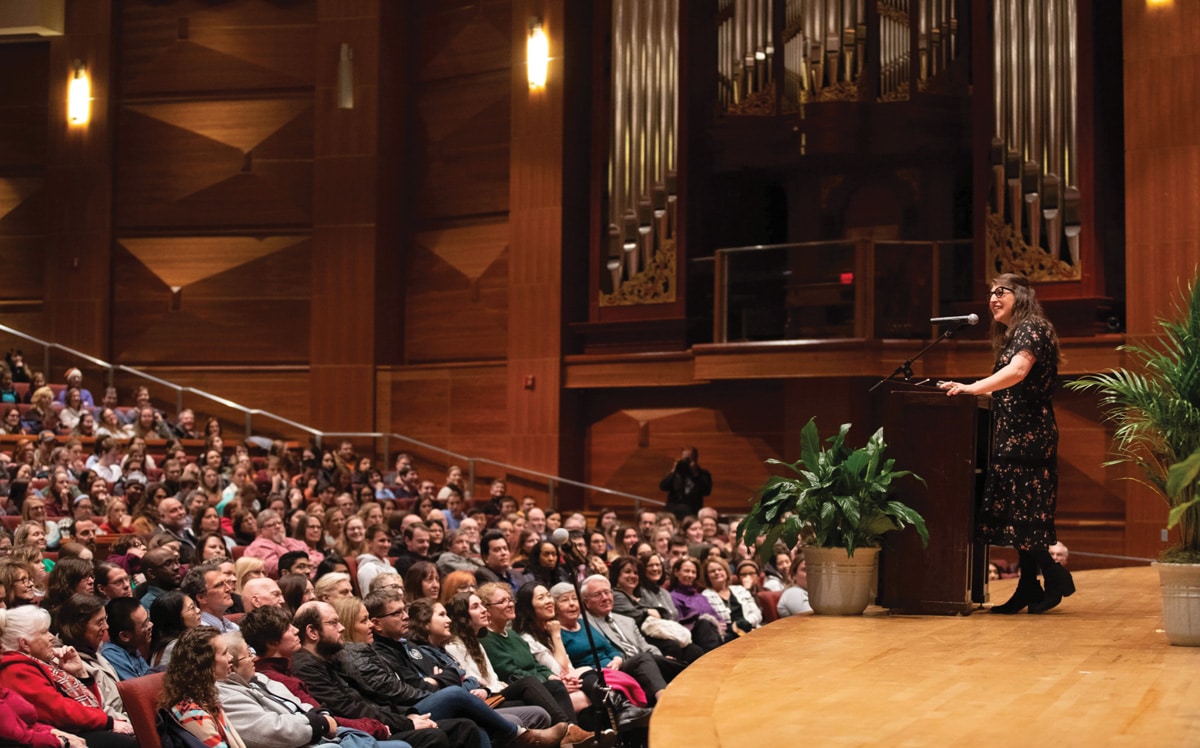 Mayim Bialik speaks to a full house at Cox Auditorium during the fifth annual Mossman Distinguished Lecture.